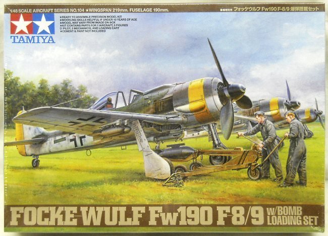 Tamiya 1/48 Focke-Wulf FW-190 F-8 With Bomb Loading Set - (Bomb Cart / Two Mechanics and Pilot Figures) - (FW190F8), 61104-3000 plastic model kit